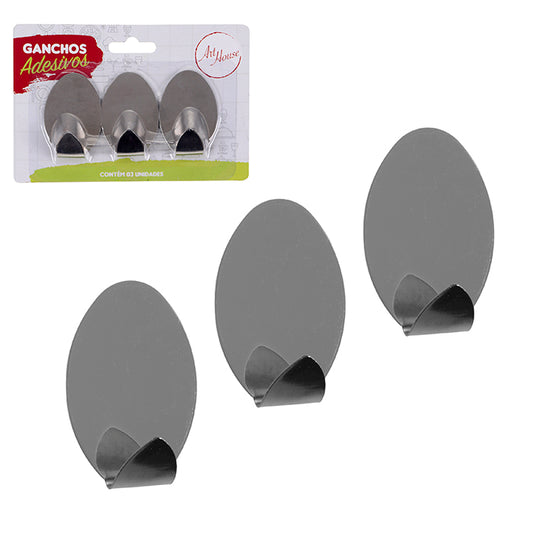 Gancho Adesivo Inox Oval 3Pcs